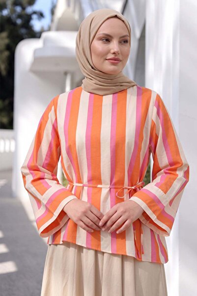 Salih Çelebi Striped Asymmetrical Blouse Y0166 - Mercan
