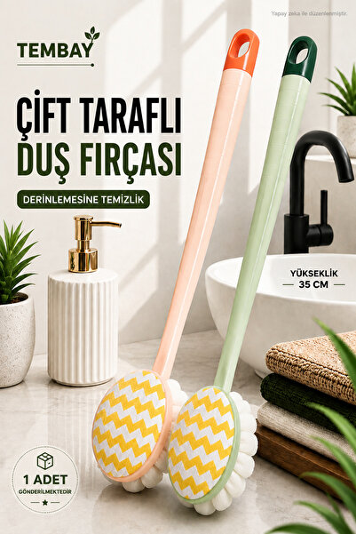 TEMBAY Çift Taraflı Duş Fırçası Uzun Saplı Sırt ve Vücut Banyo Fırçası 35 cm