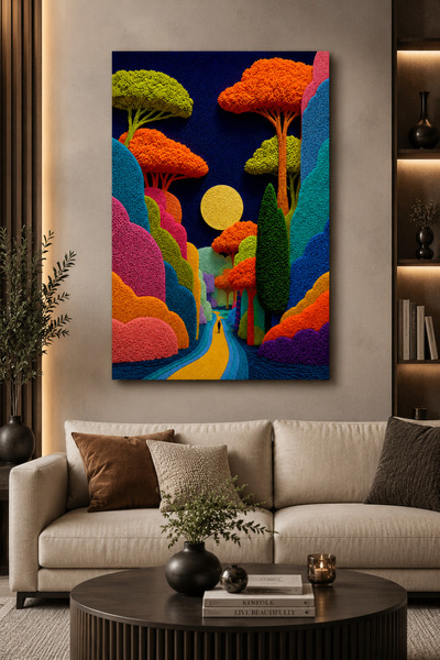 tablosu art Rengârenk Masal Ormanı & Dolunay Kanvas Tablo – 3D Dokulu Görünüm...