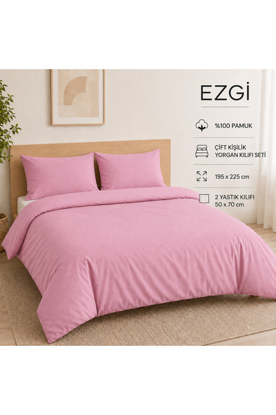 Ezgi 100% Cotton Zippered Single Duvet Cover and 1 Pillowcase with Cover Pink...