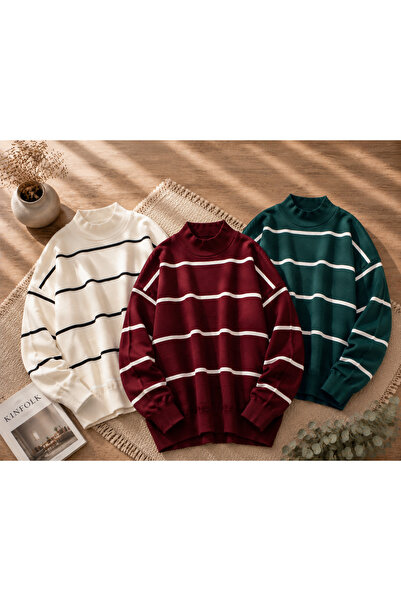 DepoExport Women's 3-Piece Striped Knitwear Sweater Oversize Loose Design