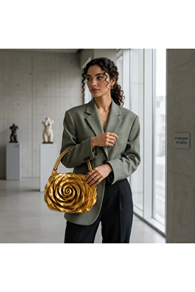 Verda Desing حقيبة يد نسائية بتصميم خاص باللون الذهبي المعدني مع تصميم زهرة ا...