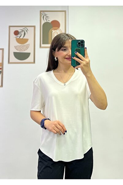 bydenizcollection Waist Cut-Out Model V-Neck Modal Fabric T-Shirt