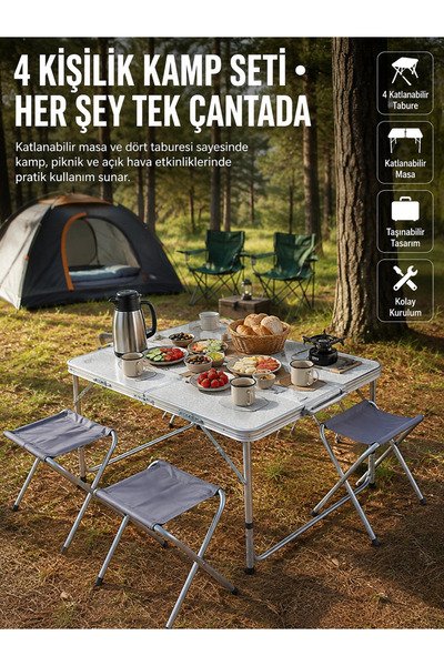 Eco Lounge Katlanabilir Kamp Masası ve 4 Tabure Seti Taşınabilir Alüminyum Gövdeli Piknik Masası