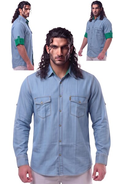 marufshop Men's Large Size Foldable Long Sleeve 100% Cotton Pocket Denim Shir...
