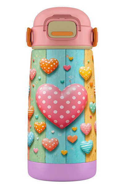 Puccon 420 ml Girl's Pink Yellow Heart Printed School and Daily Use Steel Wat...