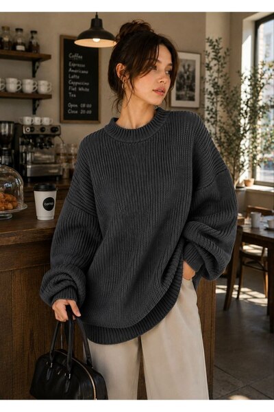 DepoExport Women's Premium Oversize Soft Crew Neck Knitwear Sweater