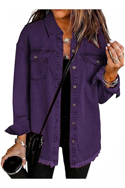 GENERAL Denim Jacket for Women Oversized Boyfriend Jean Jacket Button Up Fray...