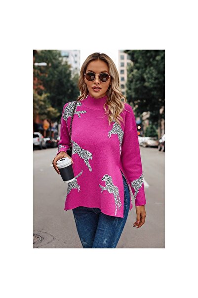 Generic Pulover tricotat cu imprimeu leopard Supreme Fashion, cu guler înalt ...
