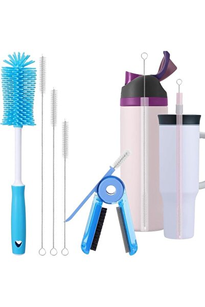SYOSI Water Bottle Cleaning Brush Set with Straw Brushes and Lid Cleaner, Sil...