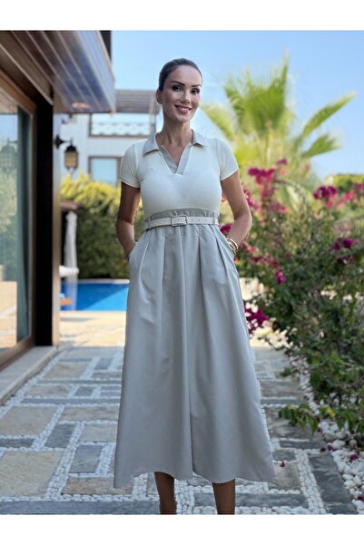 Atelier Derin Gray Beige Shirt Collar Belted Dress