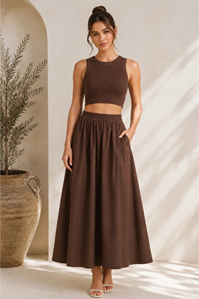 bysoca Women's Brown Cotton Poplin Lined Pocketed Pinterest Maxi Long High Wa...