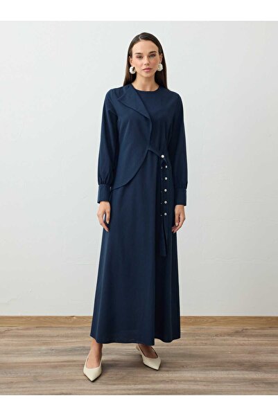 Refka Asymmetrical Closure Detailed Linen Blend Hijab Dress - Navy Blue -