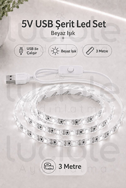 luciole 3 Metre Beyaz USB Şerit LED 5V Aç Kapa Anahtarlı Mutfak TV Masa Raf Powerbank Kamp Led Işık