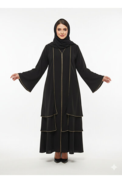 RIZQE Rizqé Black Tiered Jacket Abaya | Gold Piped Layered Flared Ruffle Hem ...