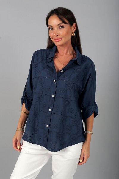 By Saygı Kadın İtalyan Cotton Mini Çiçek Nakış İşlemeli Gömlek