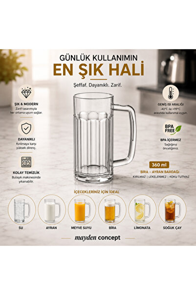 360 ml Kırılmaz Kulplu Bira Bardağı – Şeffaf Polikarbon, Kalın Tabanlı Sert Plastik Bardak - Kafe, Bar, Otel & Organizasyon İçin Kullanıma Uygun