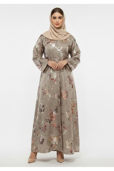 RIZQE Golden Flora Beige Abaya | Rizqé Luxury Foil Print Modest Wrap with Fla...