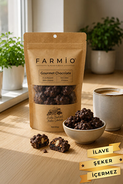 FARMİO İlave Şekersiz Bitter & Portakallı Çikolata Kaplı Dut & Badem - 50gr D...