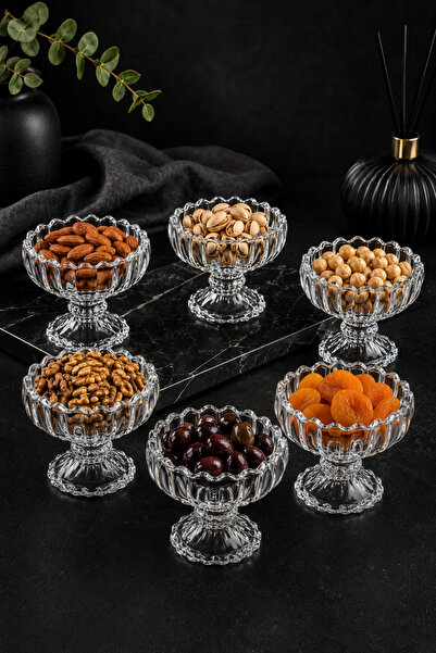 Karçiçeği Home 6-Piece Glass Bowl Snack Bowl Set with Footed Base 9 X 9 cm