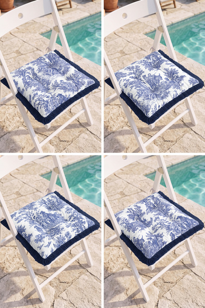 Realhomes Blue and White Toile De Jouy 4-Piece Fringed Pouf Chair Cushion Set...