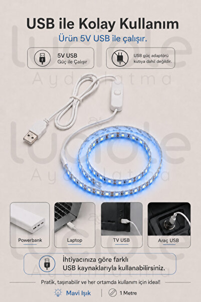 luciole 1 Metre 5V USB Mavi Şerit LED Aç Kapa Anahtarlı TV Arkası Gaming Masa Araç Dekoratif Işık