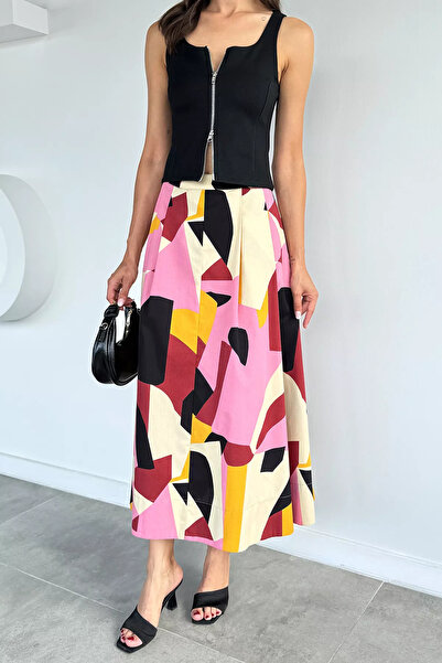 Aryena Pink Women's Double Pocket Geometric Patterned Skirt