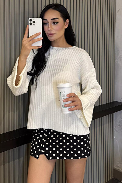 Aryena Cream Women's Stone Embroidered Self-Patterned Knitwear Sweater