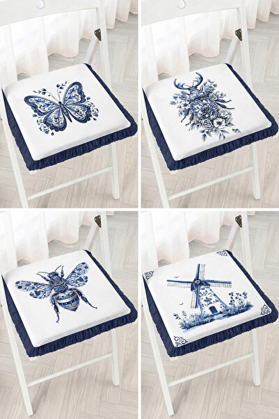 Realhomes Blue and White Butterfly, Bee, Flower and Windmill Patterned 4-Piec...