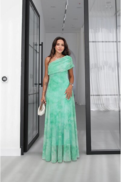 Havoş Green Patterned One Shoulder Chiffon Dress