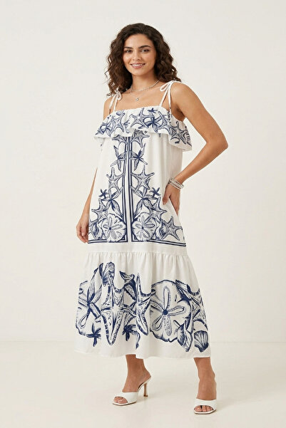 Giyim Dünyası Women's Rope Strap Patterned Dress White