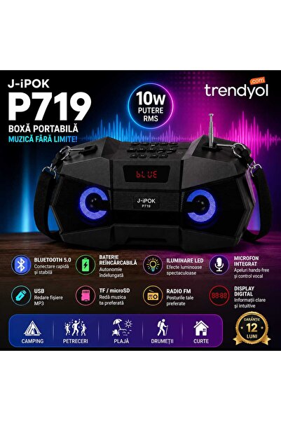 ASMXX Boxă portabilă J-IPOK P719, Bluetooth, 10W, LED, Radio FM, USB, TF/micr...