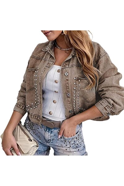 Generic Women's Studded Cropped Denim Jacket Casual Western Jean Coat | Cropp...