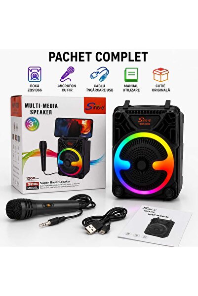 ASMXX Boxă Portabilă Bluetooth SING-E ZQS1366, Karaoke, Difuzor 3", Microfon ...