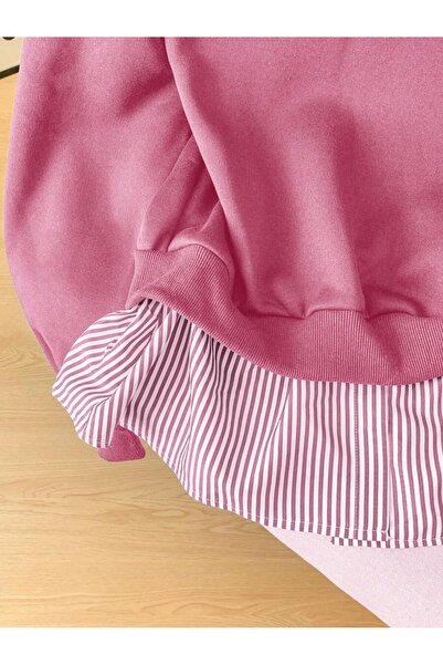 MOONBULL Kadın Çizgili Gömlek Yaka Detaylı Bisiklet Yaka 3 İplik Kalın Sweatshirt