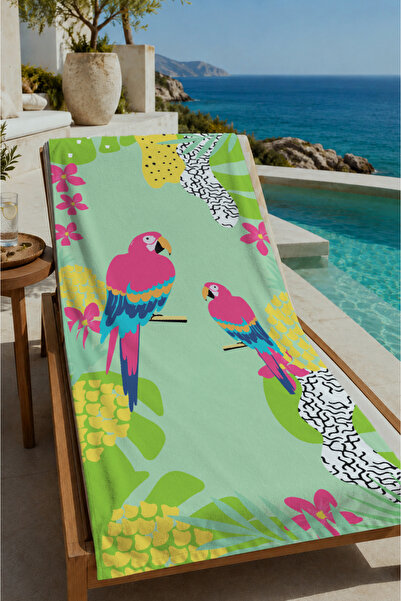 Evmila Zeleni tropski flamingo i cvetni dezen 70x150 peškir za plažu - pamučn...