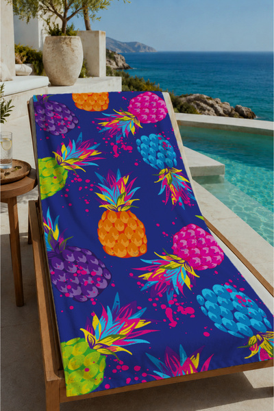 Evmila Prosop de plajă cu model de fructe tropicale albastru marin 70x150 - P...
