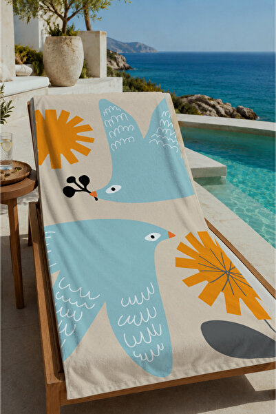 Evmila Blue Yellow Modern Bird Sun and Abstract Form Pattern 70X150 Beach Tow...