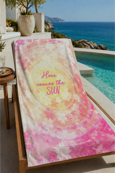 Evmila Pastel Pink Floral Positive Text Patterned 70X150 Beach Towel - Digita...