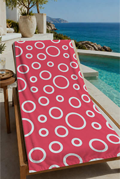 Evmila Prosop de plajă Coral Red White Ring cu model geometric 70x150 - Proso...