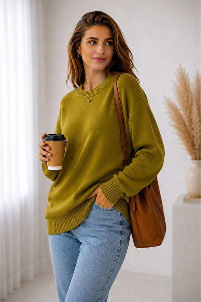 KAREL BUTİK Oil Green Oversize Crew Neck Knitwear Women's Sweater