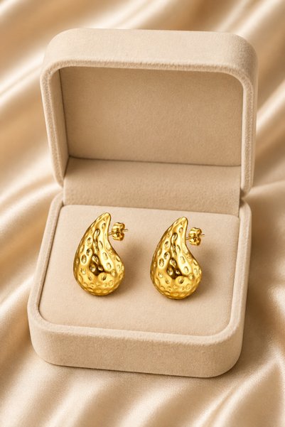 ROYALLINES Gold Tone Hammered Teardrop Stud Earrings for Women – Textured Statement Earrings, Modern Chunky Fashion Jewelry