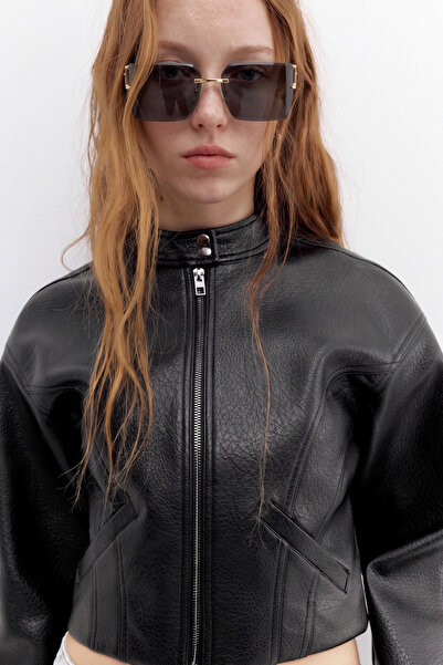 Jaglion Women's Biker Crop High Collar Zippered Black Leather Jacket