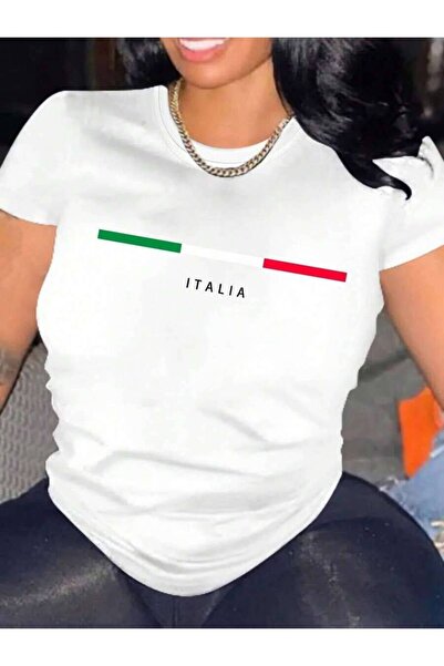 23ERVA Women's Solid Color "Italia"Letter Print Round Neck Casual Short Sleev...