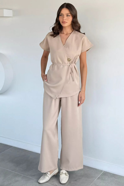 Aryena Beige Elastic Waist Pants and Vest Double Set