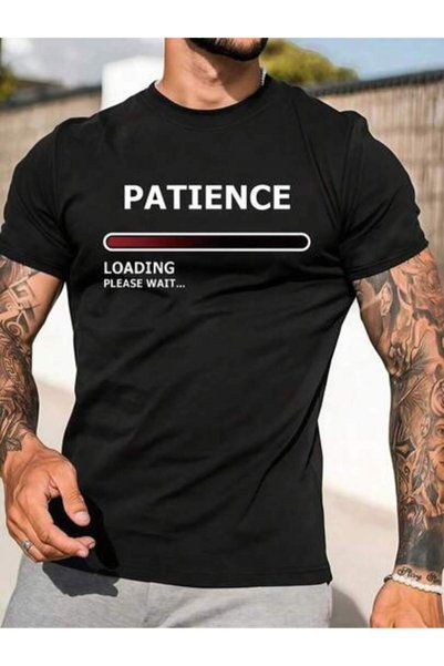 NOURAM 1 Pc Men's Clothing Loading Patience Printed Black Graphic Tee,Summer ...