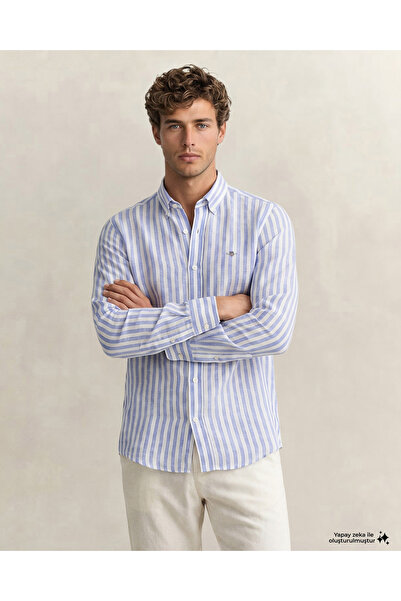 Gant Erkek Mavi Regular Fit Çizgili Logolu Gömlek