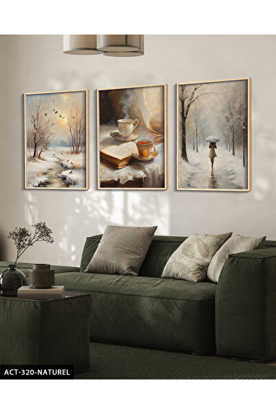 Evinemoda Snowy Forest and Hot Tea 3 Piece Wooden Framed Painting Act