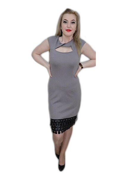 OEM Rochie casual, din stofa, de lungime midi, cu inserti de piele