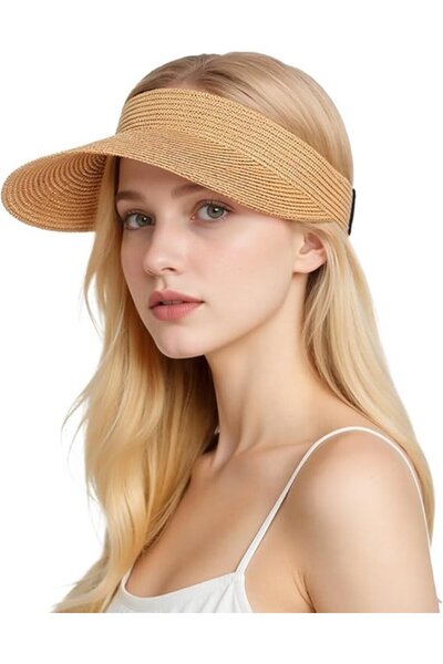 STARSTAR Women's wide-brim straw sun hat beige foldable UV adjustable.